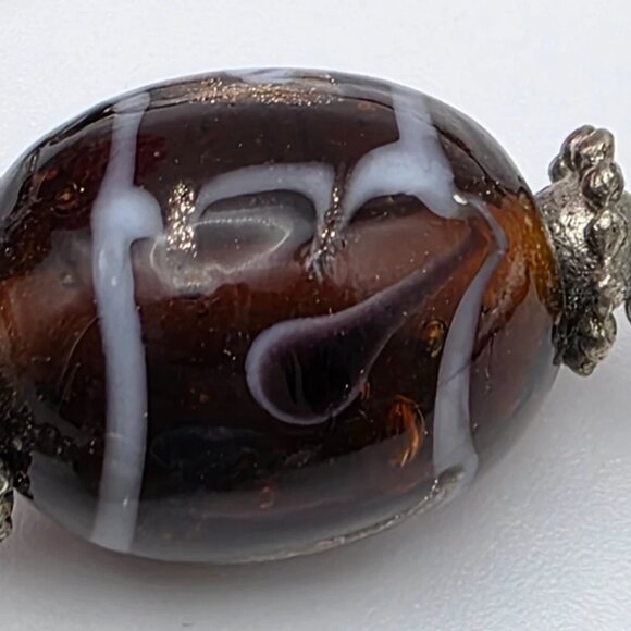 Art Glass Bead Necklace 36" Clear Blue Amber Floral Abstract Silver Tone - Picture 7 of 10